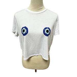 Bella Canvas White Cropped Tee Shirt Women’s Large Blue Eyes Soft